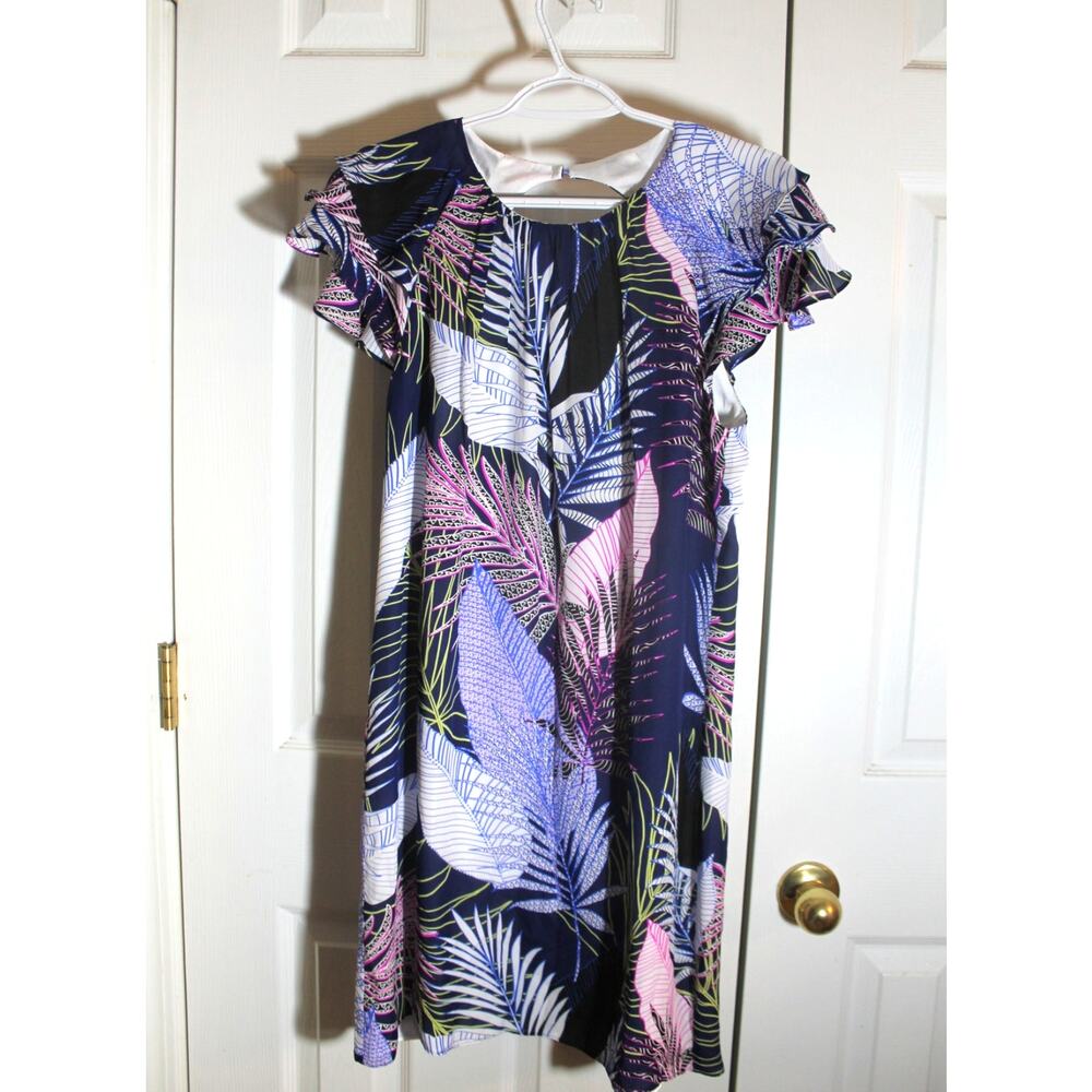 Alice & Trixie Blue Botanic Print Flutter Sleeve Silk Dress sz S